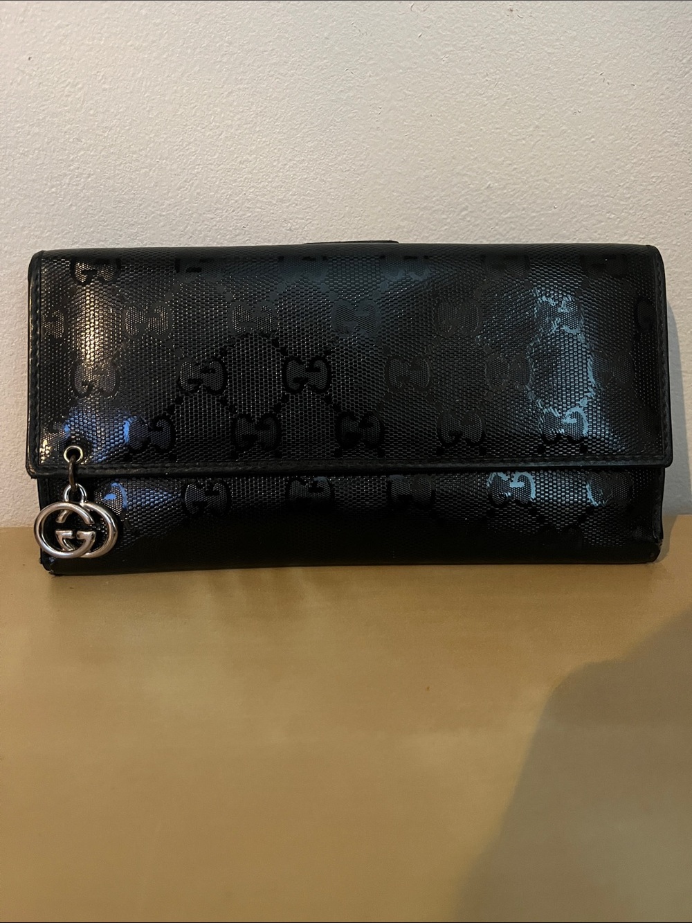 Gucci Black Patent Leather Continental Wallet with Double G Charm